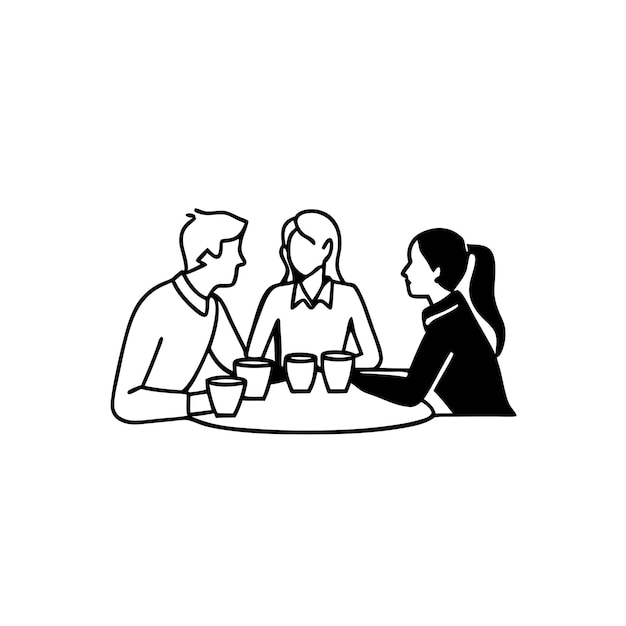 a black and white drawing of a couple sitting at a table with cups of beer