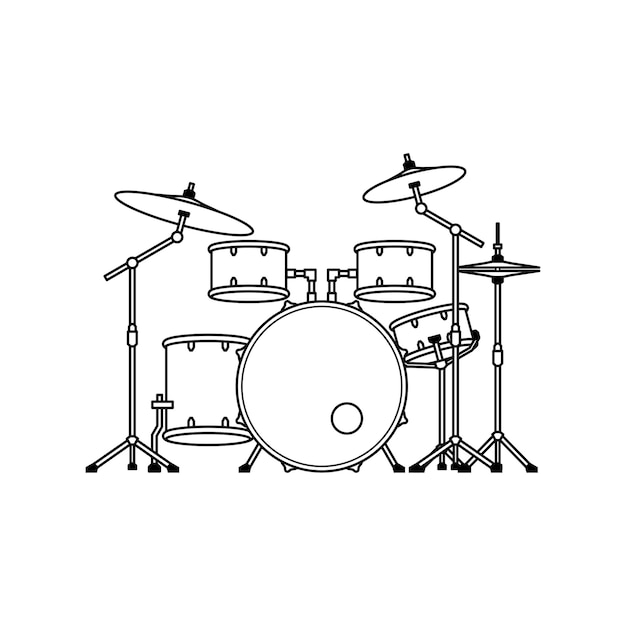 A black and white drawing of a drum set.
