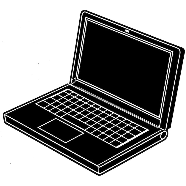 a black and white drawing of a laptop with a white keyboard