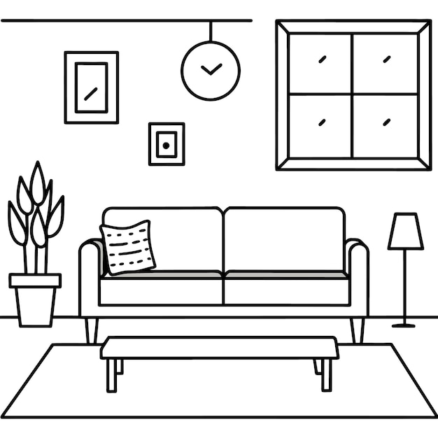 a black and white drawing of a living room with a couch and a clock on the wall