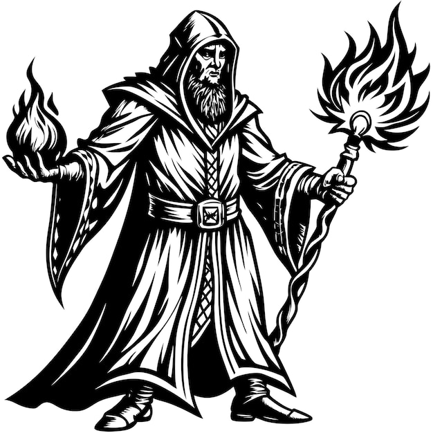 a black and white drawing of a man with a burning torch
