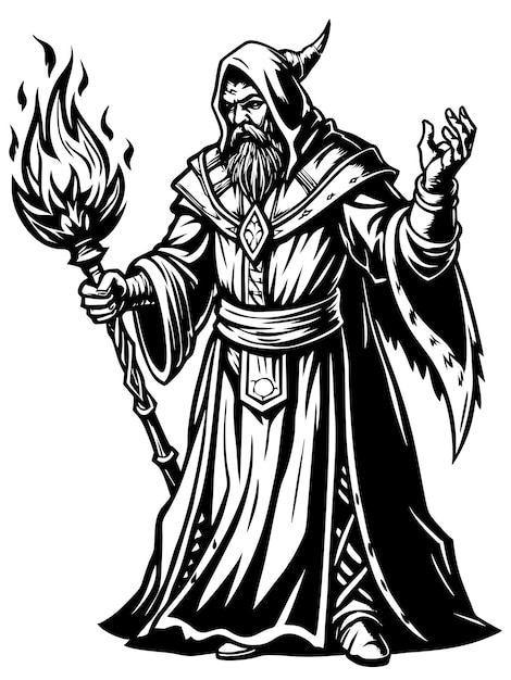 a black and white drawing of a man with a sword and a fire
