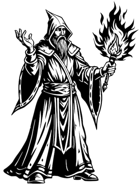a black and white drawing of a wizard with a torch in his hand