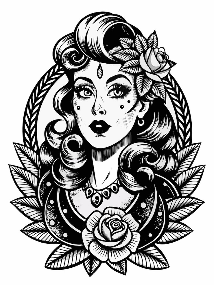 Vektör a black and white drawing of a woman with a flower in her hair