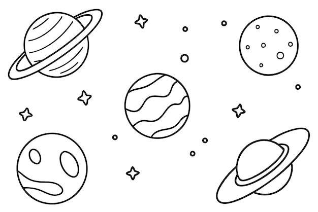 a black and white drawing of planets and planets