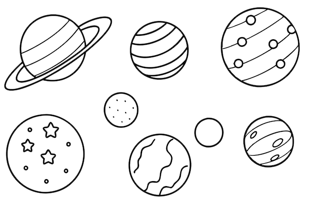 a black and white drawing of planets with the planets and planets
