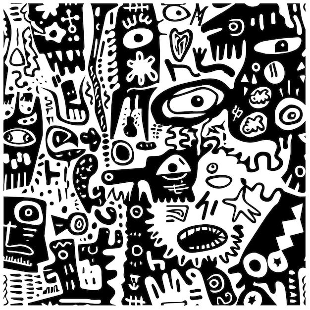 a black and white illustration of a man with a lot of faces