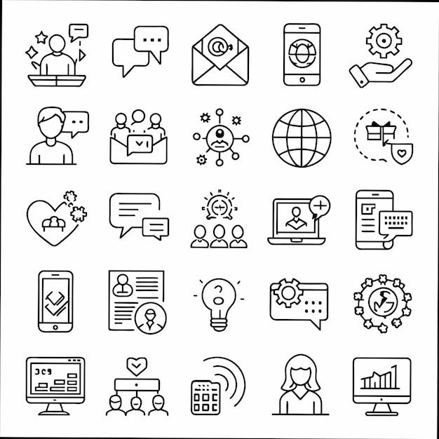 a black and white image of a group of business icons with a white background