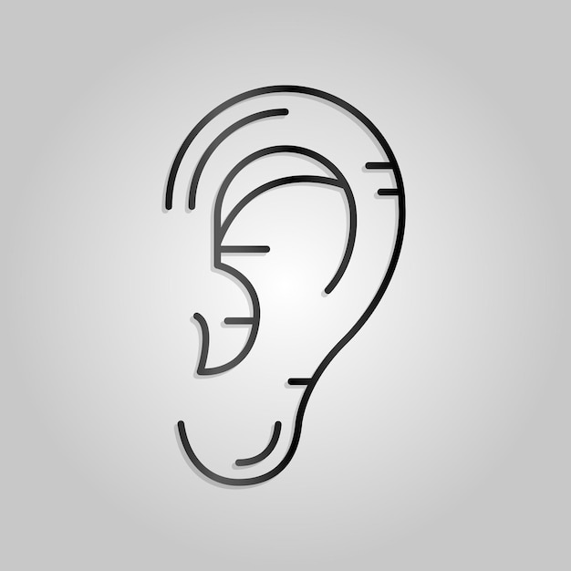 A black and white line drawing of an ear with the word ear on it.