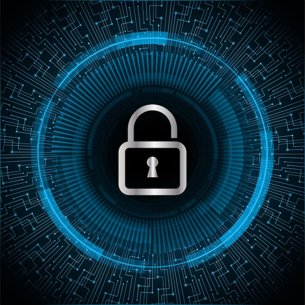 A blue and black background with a lock and a circle with a symbol for security.