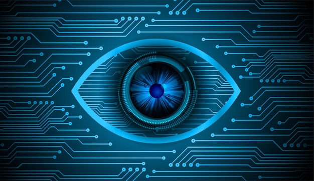 A blue and black computer board with a blue eye and a blue background with a circuit board in the middle.