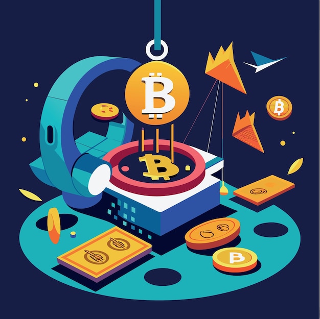 a blue and black poster with a stack of coins and a large coin with a letter b on it