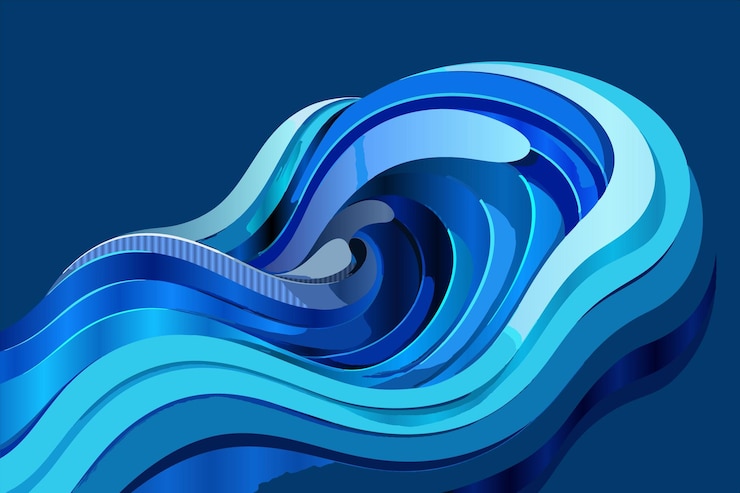 Vektör a blue and white abstract drawing of a wave with a blue background