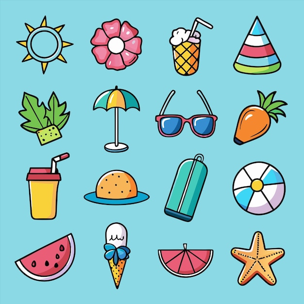 a blue background with a cartoon image of a beach umbrella and a beach umbrella