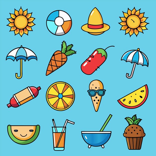 a blue background with a cartoon image of a variety of different ice creams and fruits