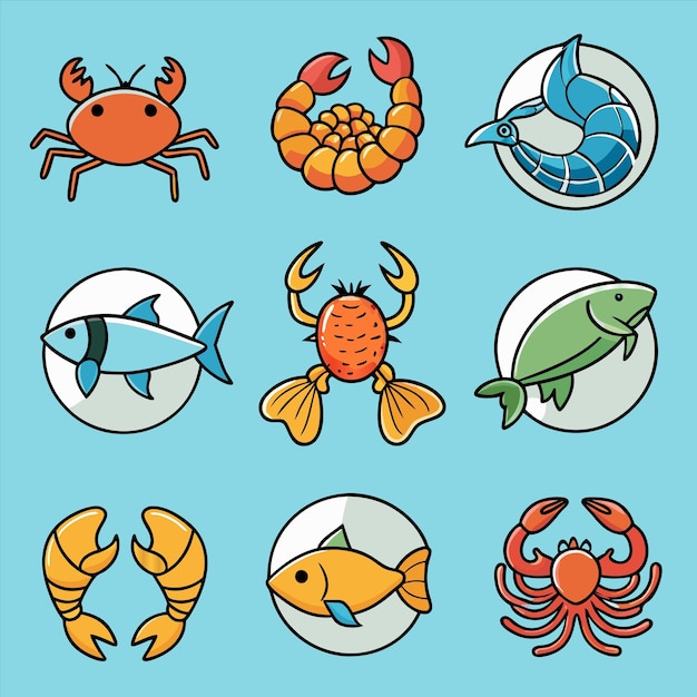a blue background with a picture of crab and lobsters