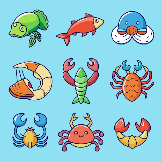 a blue background with a picture of crabs and lobsters