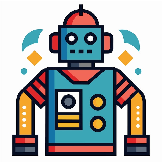 a blue robot with a blue face and a blue and red circle in the background