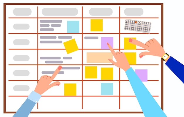 A board of planning diagrams and tasks with stickers