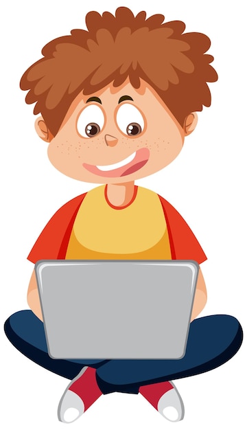 A boy using laptop cartoon character