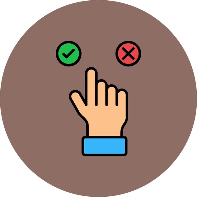 a brown circle with a finger pointing to the right and the red cross on the right hand