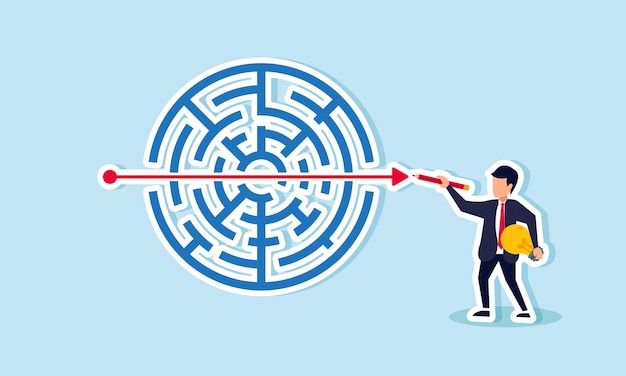 A businessman carrying a lit lamp and pencil drawing a straight line on a labyrinth illustration of new business ideas and innovations as solutions to challenges