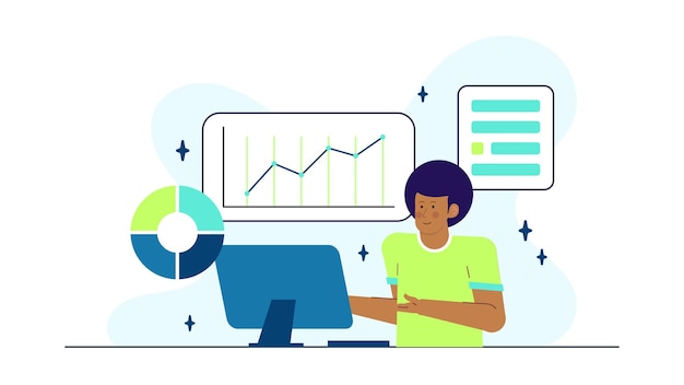 A businessman doing presentation about business increase with graphs and charts in a modern and creative coworking space