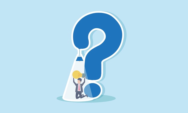A businessman lifts a lamp under the spotlight of a hanging lamp shaped like a question mark illustration of offering solutions through business ideas and innovations