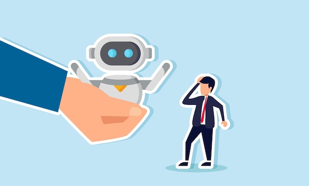 A businessman looks confused after receiving a robot