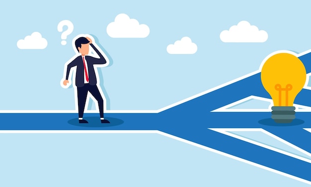 A businessman looks confused while standing on a branching road with a lamp on one path illustration of confusion in choosing the right business idea and innovation