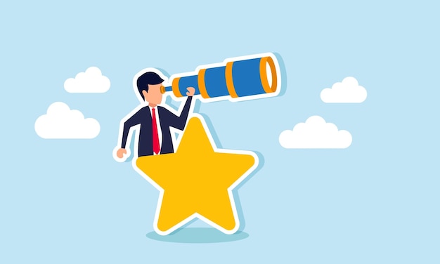 a businessman peers through a star illustration of observing and analyzing strategies to improve business ratings and quality