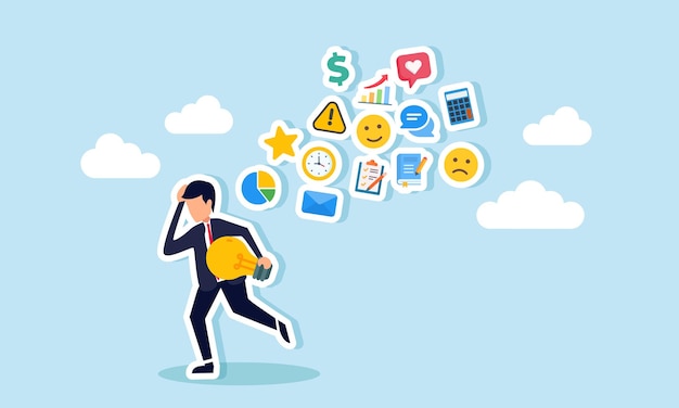 A businessman running with a lit lamp followed and chased by business management items illustration of working on business ideas and innovations while handling other tasks