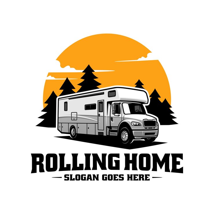 Vektör a camper with a white trailer and a black and white logo