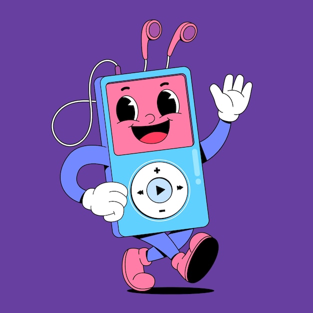 A cartoon character of a music player waving happily