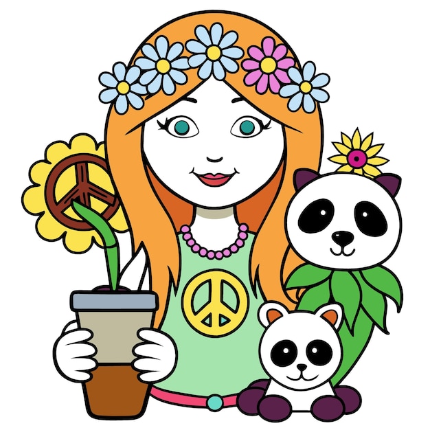 a cartoon drawing of a girl holding a vase with a peace sign and a panda and a panda bear