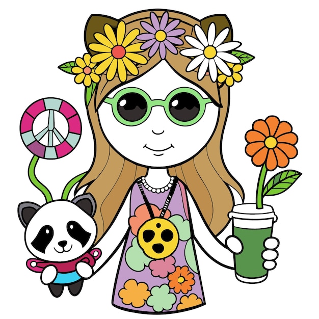 a cartoon drawing of a girl with flowers and a panda bear