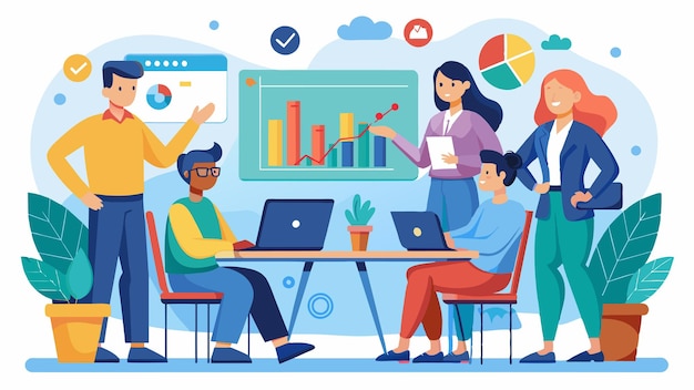 a cartoon illustration of people working in a meeting room with a chart showing graphs and charts