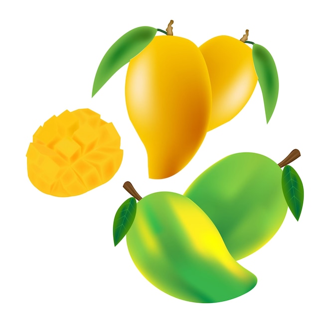 A cartoon image of mangos and mangoes with green leaves.
