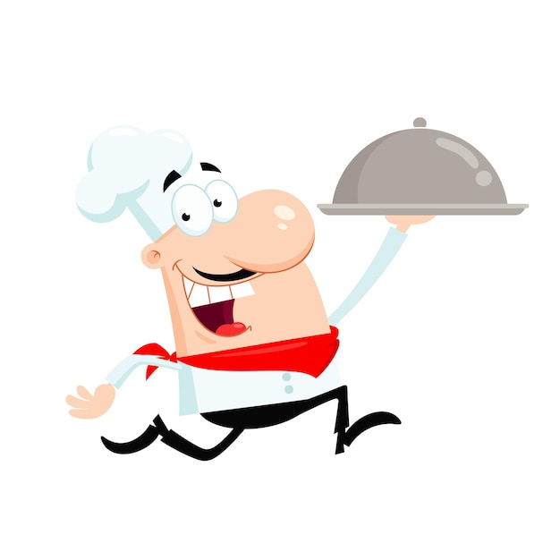 a cartoon man with a chef hat and a tray of food with a pizza on it