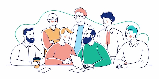 a cartoon of people in a room with a man and a woman sitting at a table with a laptop