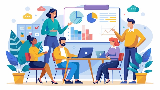 a cartoon of people working in a classroom with a chart showing graphs and charts