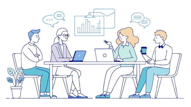 a cartoon of people working in a meeting with one of them has a phone in his hand