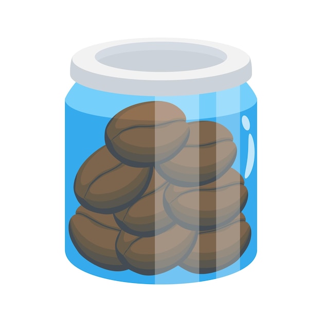 A cartoon style illustration of a clear glass jar filled with roasted coffee beans