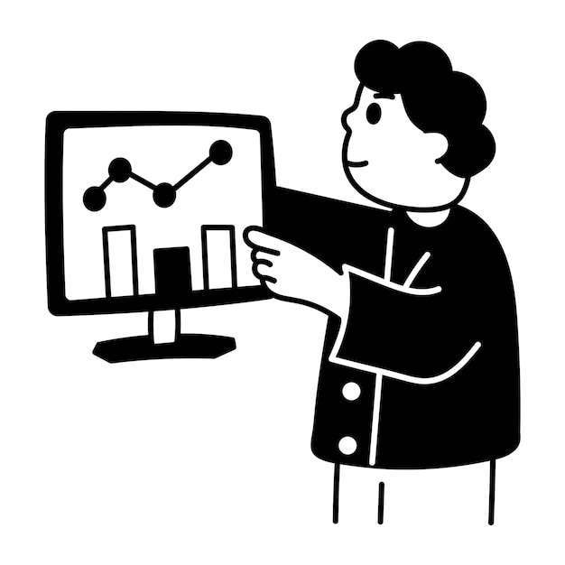 A character doing online analysis on a system hand drawn illustration