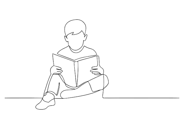 a child engrossed in reading a book illustrated in a continuous line art style