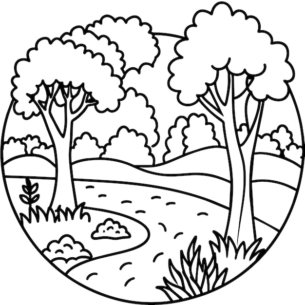 a circle with trees and a river with a circle in the middle