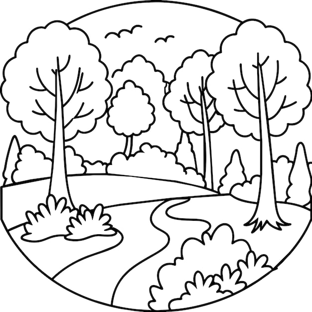 a circle with trees and a river with a circle in the middle