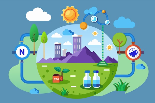 a city bustling with activity surrounded by a variety of buildings streets and landmarks nitrogen cycle customizable disproportionate illustration