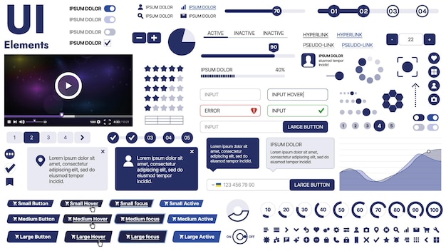 A clean and responsive template with UI elements menu icons and checkboxes ideal for a business or social media page Horizontal layout with simple shapes