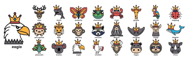 A collection of animal faces with crowns on them